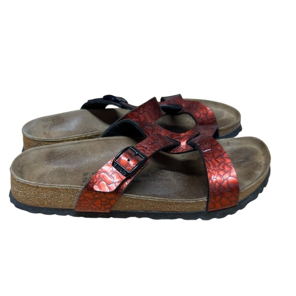 Birkenstock‎ Red Snakeskin Embossed Leather Sandals Buckle Strappy 6 - Picture 5 of 6
